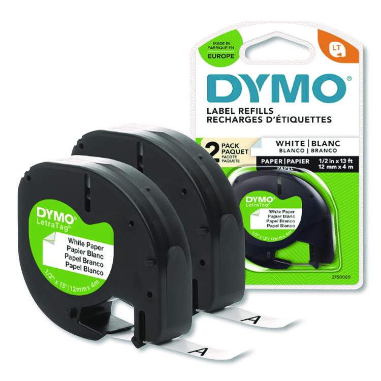 DYMO LetraTag Paper Label Tape Cassettes, 0.5" x 13 ft, White, 2/Pack (DYM10697)