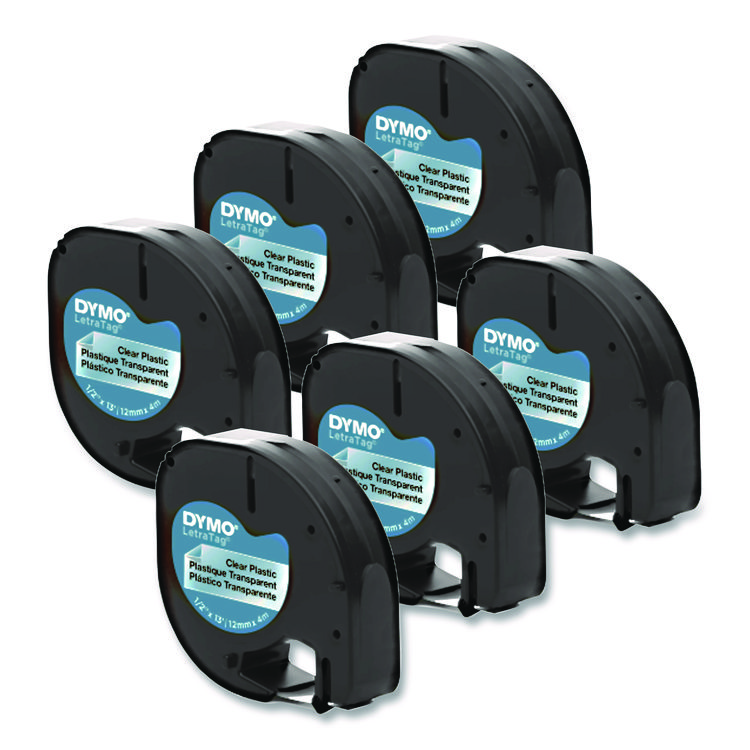 DYMO LetraTag Plastic Label Tape Cassette, 0.5" x 13 ft, Black on Clear, 6/Pack (DYM2050824)
