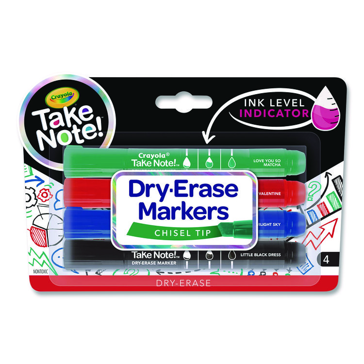 Crayola Take Note Dry Erase Markers, Chisel Tip, Assorted Colors, 4/Set (CYO586543)