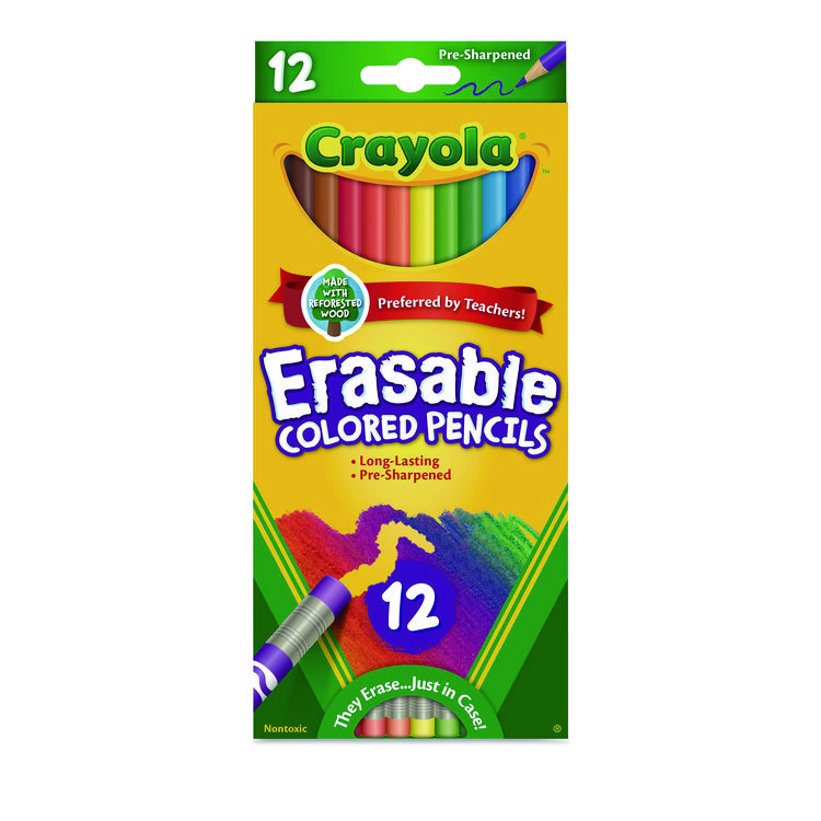 Crayola Erasable Color Pencil Set, 3.3 mm, 2B, Assorted Lead and Barrel Colors, Dozen (CYO684412)