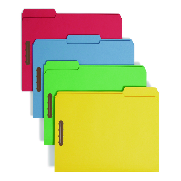Smead Top Tab Colored Fastener Folders, 0.75" Expansion, 2 Fasteners, Letter Size, Assorted Colors, 50/Box (SMD11975)