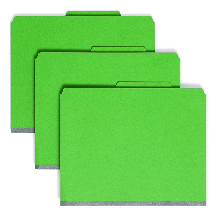 Smead Six-Section Pressboard Top Tab Classification Folders, Six SafeSHIELD Fasteners, 2 Dividers, Letter Size, Green, 10/Box (SMD14033)