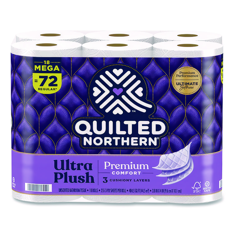Quilted Northern Ultra Plush Bathroom Tissue, Mega Rolls, Septic Safe, 3-Ply, White, 284 Sheets/Roll, 18 Rolls/Carton (GPC874685)