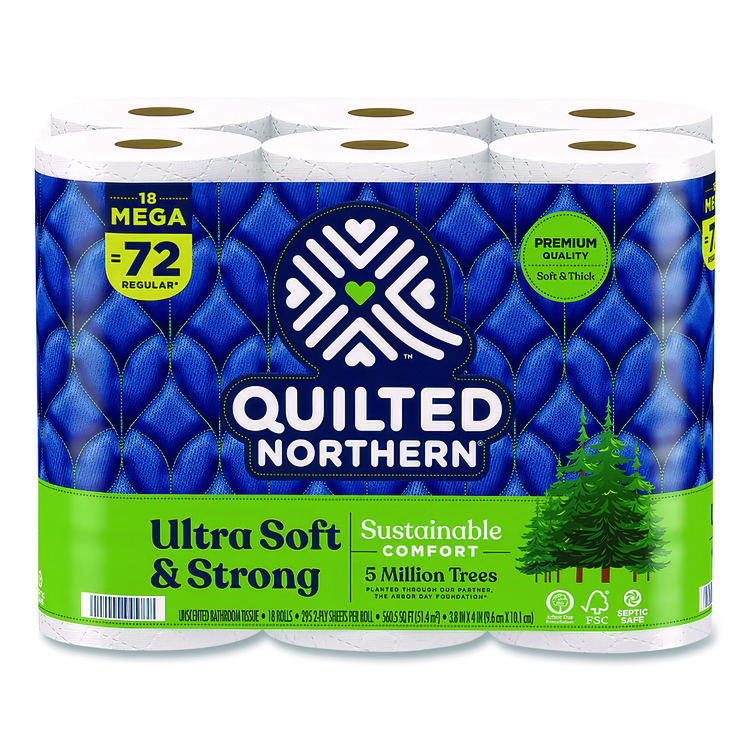 Quilted Northern Ultra Soft and Strong Bathroom Tissue, Mega Rolls, Septic Safe, 2-Ply, White, 328 Sheets/Roll, 18 Rolls/Carton (GPC94475501)