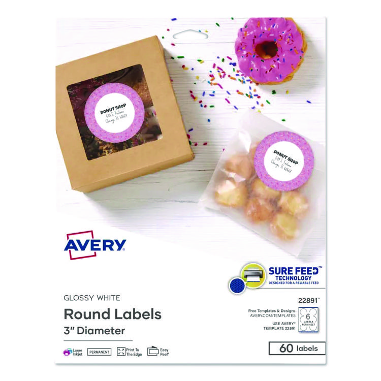 Avery Sure Feed Glossy Labels, 3" dia, White, 8 Labels/Sheet, 10 Sheets Pack (AVE22891)
