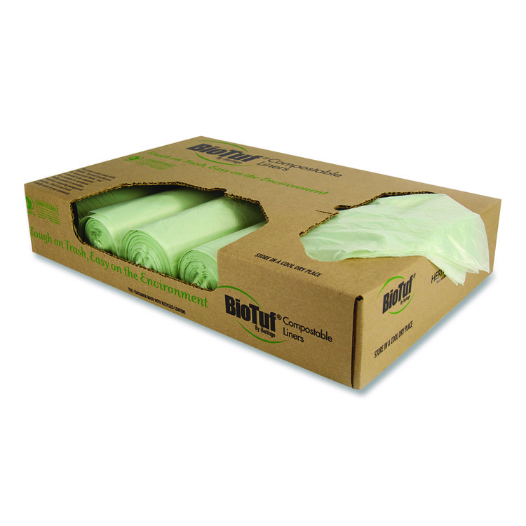 Heritage Biotuf Compostable Can Liners, 64 gal, 1 mil, 47" x 60", Green, 20 Bags/Roll, 5 Rolls/Carton (HERY9460YER01)