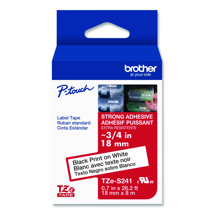 BROTHER INTL. CORP. TZe Extra-Strength Adhesive Laminated Labeling Tape, 0.7" x 26.2 ft, Black on White (BRTTZES241)