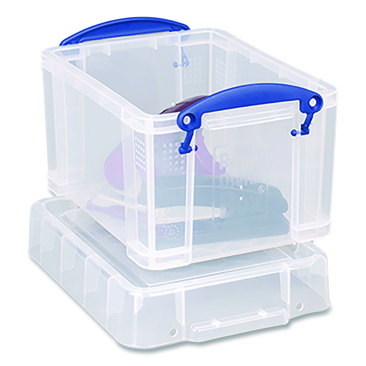Really Useful Box Snap-Lid Storage Bin, 101.12 oz, 7.06" x 9.62" x 6.25", Clear Box/Blue Handle (RUA3C)