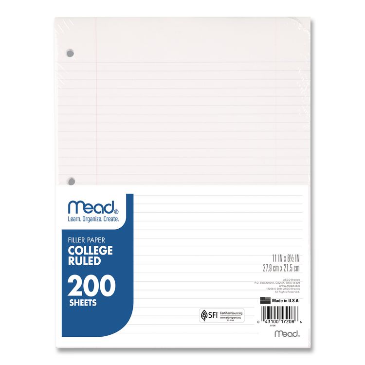 Mead Filler Paper, 3-Hole, 8.5 x 11, College Rule, 200/Pack (MEA17208)