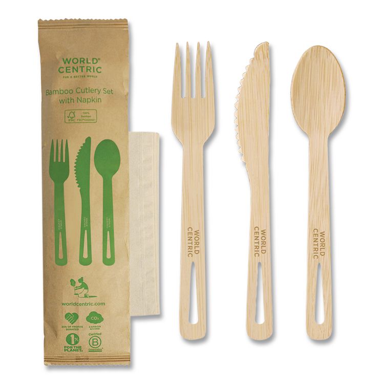 World Centric Bamboo Cutlery, Fork/Knife/Napkin/Spoon, Paper, Natural, 250/Carton (WORASBBTN)