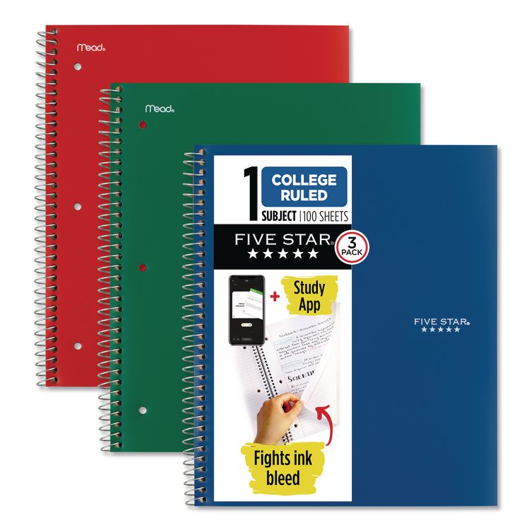 Five Star Wirebound Notebook, 1-Subject, Medium/College Rule, Assorted Cover Colors, (100) 11" x 8.5" Sheets, 3/Pack (MEA820189)