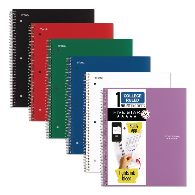 Five Star Wirebound Notebook, 1-Subject, Medium/College Rule, Assorted Cover Colors, (100) 11 x 8.5 Sheets, 6/Pack (MEA38052)