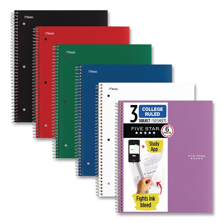 Five Star Wirebound Notebook, 3-Subject, Medium/College Rule, Assorted Cover Colors, (150) 11 x 9.13 Sheets, 6/Pack (MEA73930)