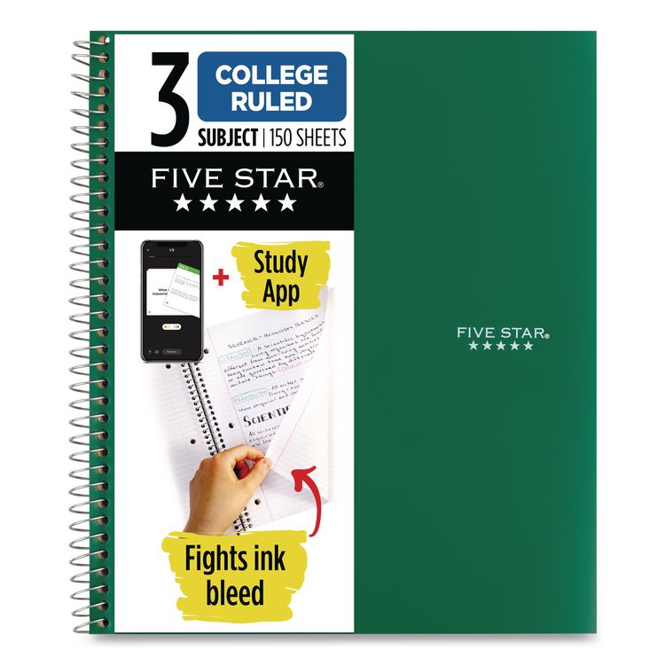 Five Star Wirebound Notebook, 3-Subject, Medium/College Rule, Randomly Assorted Cover Color, (150) 11 x 8.5 Sheets (MEA06210)