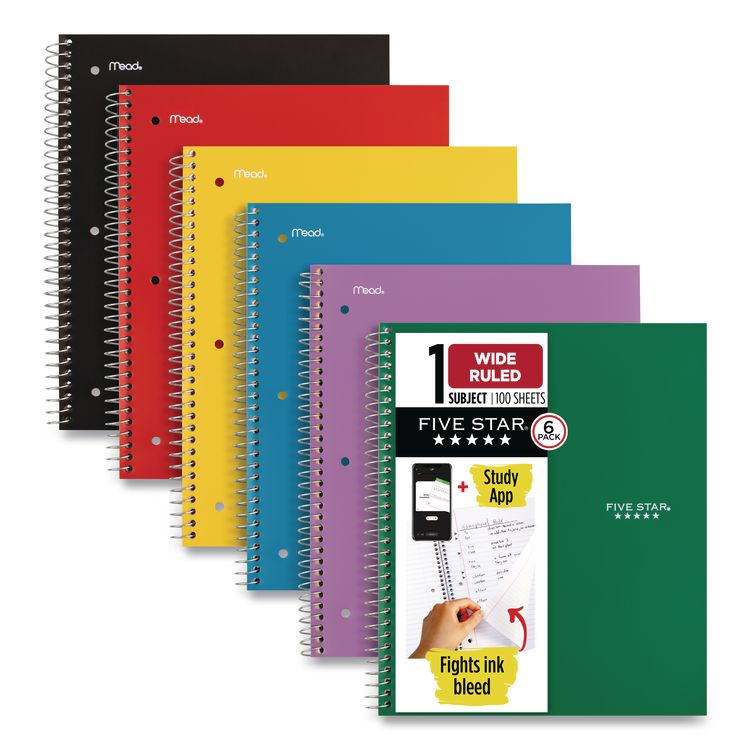 Five Star Wirebound Notebook, 1-Subject, Wide/Legal Rule, Assorted Cover Colors, (100) 10.5 x 8 Sheets, 6/Pack (MEA38042)