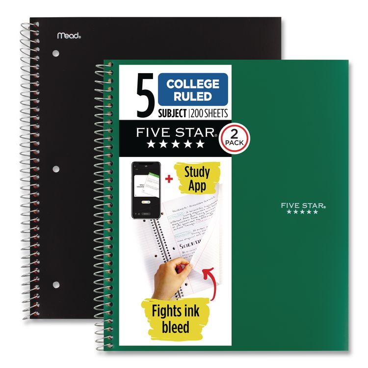 Five Star Wirebound Notebook, 5-Subject, Medium/College Rule, Assorted Cover Colors, (200) 11 x 8.5 Sheets, 2/Pack (MEA820190)