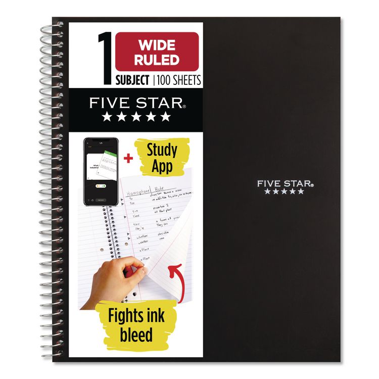 Five Star Wirebound Notebook, 1-Subject, Wide/Legal Rule, Black Cover, (100) 10.5 x 8.63 Sheets (MEA930010A)