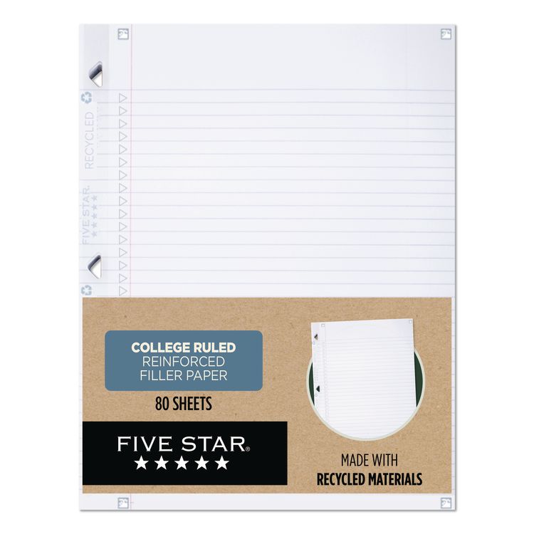 Five Star Reinforced Recycled Filler Paper Plus Study App, 3-Hole, 8.5 x 11, College Rule, 80/Pack (MEA170023)