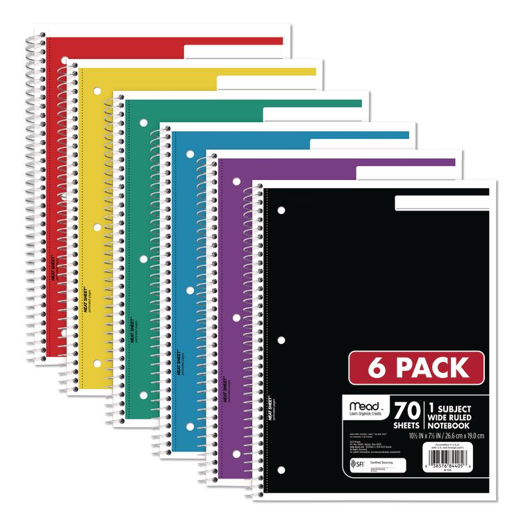 Mead Spiral Notebook, 1-Subject, Wide/Legal Rule, Assorted Cover Colors, (70) 10.5 x 8 Sheets, 6/Pack (MEA73063)