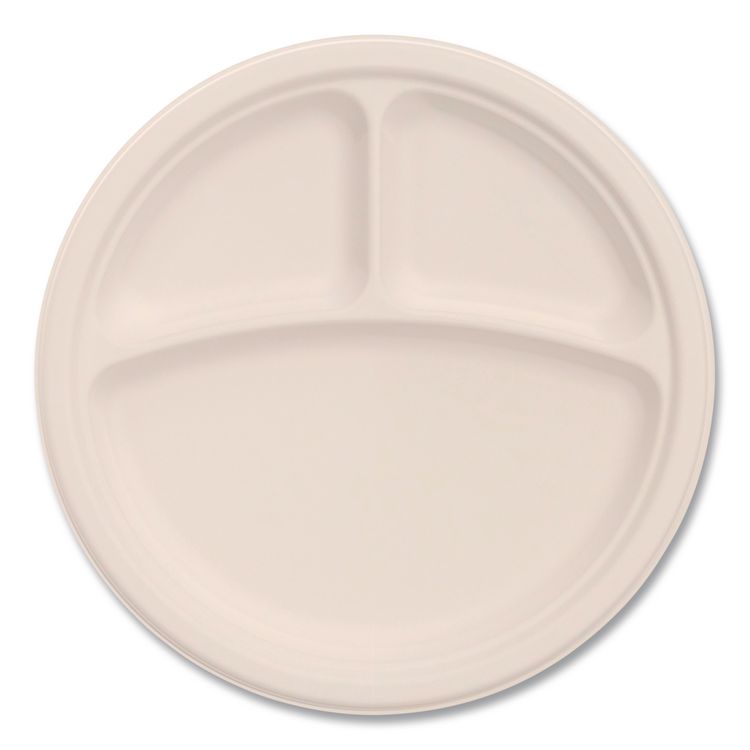Dart Compostable Molded Fiber Dinnerware, ProPlanet Seal, 3-Compartment Plate, 9" dia, Natural, 500/Carton (DCC9FBRP3)