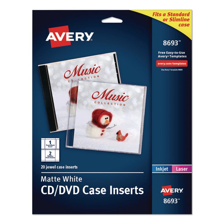 Avery Inkjet CD/DVD Jewel Case Inserts, Matte White, 20/Pack (AVE8693)