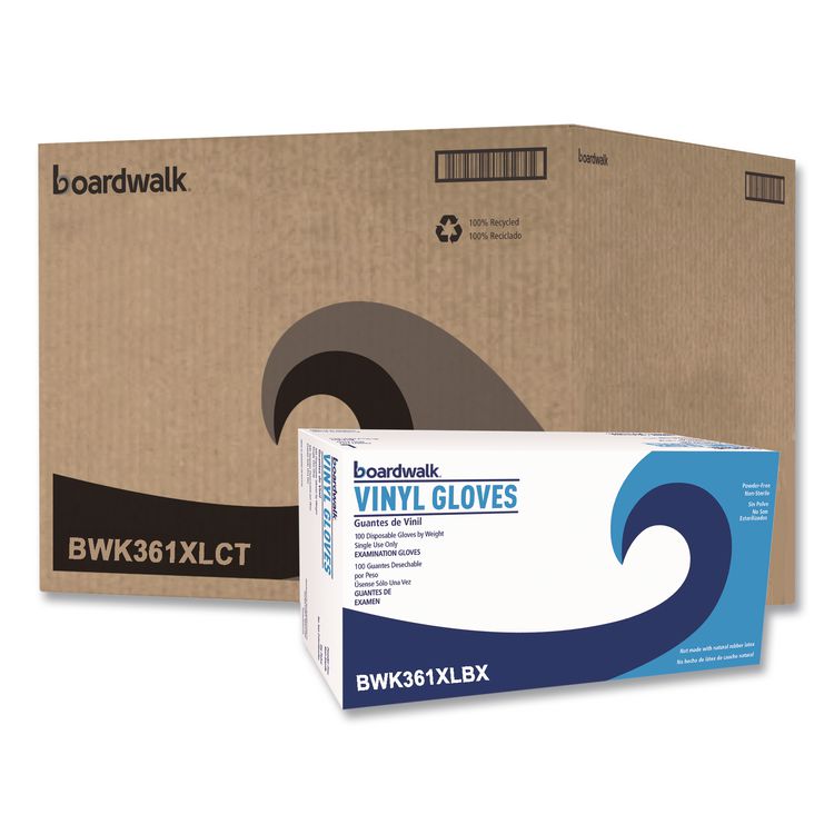 Boardwalk Exam Vinyl Gloves, Powder-Free, X-Large, 3.6 mil Thick, 9.5" Long, Clear, 100/Box, 10 Boxes/Carton (BWK361XLCT)