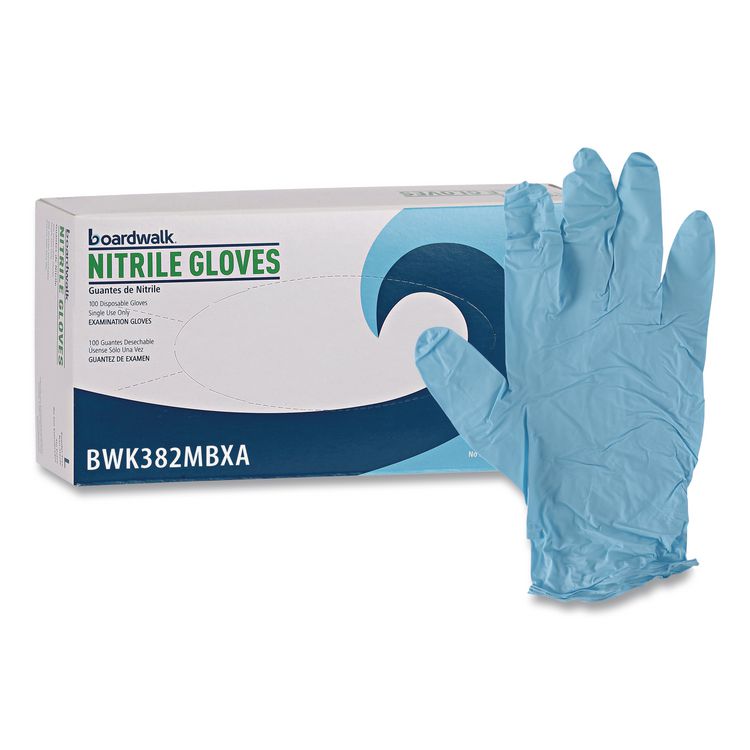 Boardwalk Disposable Examination Nitrile Gloves, Powder-Free, Medium, 5 mil Thick, 9.5" Long, Blue, 100/Box (BWK382MBXA)
