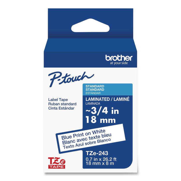 BROTHER INTL. CORP. TZe Standard Adhesive Laminated Labeling Tape, 0.7" x 26.2 ft, Blue on White (BRTTZE243)