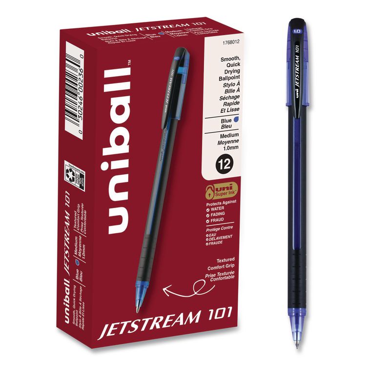 uniball Jetstream 101 Hybrid Gel Pen, Stick, Bold 1 mm, Blue Ink, Black/Blue Barrel, Dozen (UBC1768012)