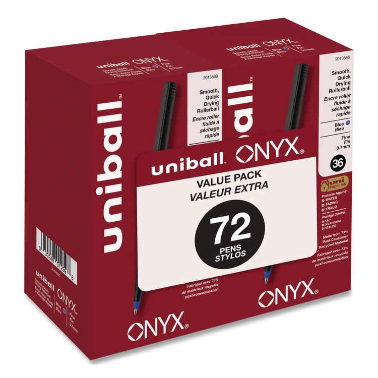 uniball ONYX Rollerball Pen, Stick, Fine 0.7 mm, Blue Ink, Black/Blue Barrel, 72/Pack (UBC2013568)