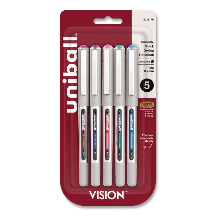 uniball VISION Rollerball Pen, Stick, Fine 0.7 mm, Assorted Ink and Barrel Colors, 5/Pack (UBC60381PP)
