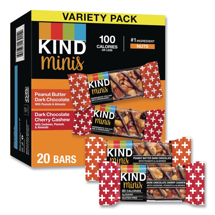 KIND Minis Peanut Butter Dark Chocolate and Dark Chocolate Cherry Cashew Variety Pack, 0.74 oz Bar, 20/Box (KND43012)