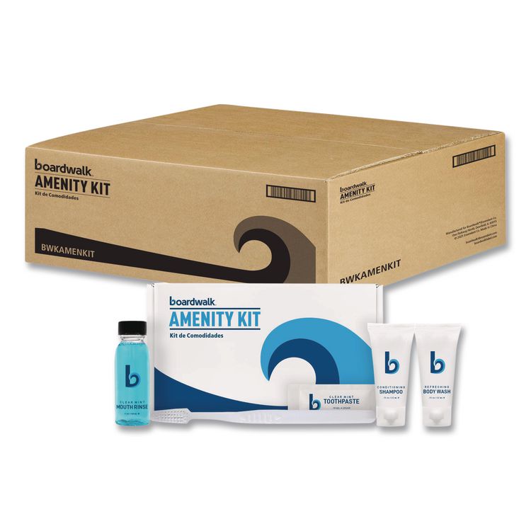 Boardwalk Amenities Kit, Mouth Rinse, Toothbrush, Toothpaste, Body Wash, Shampoo, Green Tea Lemongrass, 12 Kits/Carton (BWKAMENKIT)