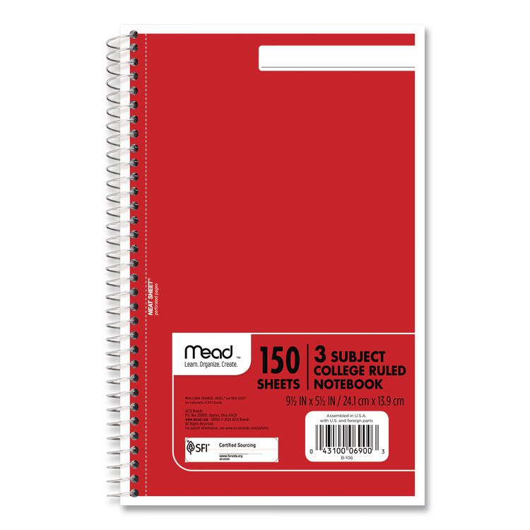 Mead Spiral Notebook, 3-Subject, Medium/College Rule, Randomly Assorted Cover Color, (150) 9.5 x 5.5 Sheets (MEA06900)