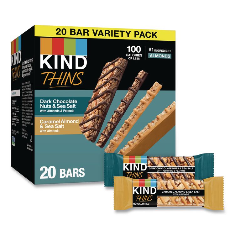 KIND Thins Dark Chocolate Nuts and Sea Salt/Caramel Almond and Sea Salt Variety Pack, 0.74 oz Bar, 20/Box (KND41888)