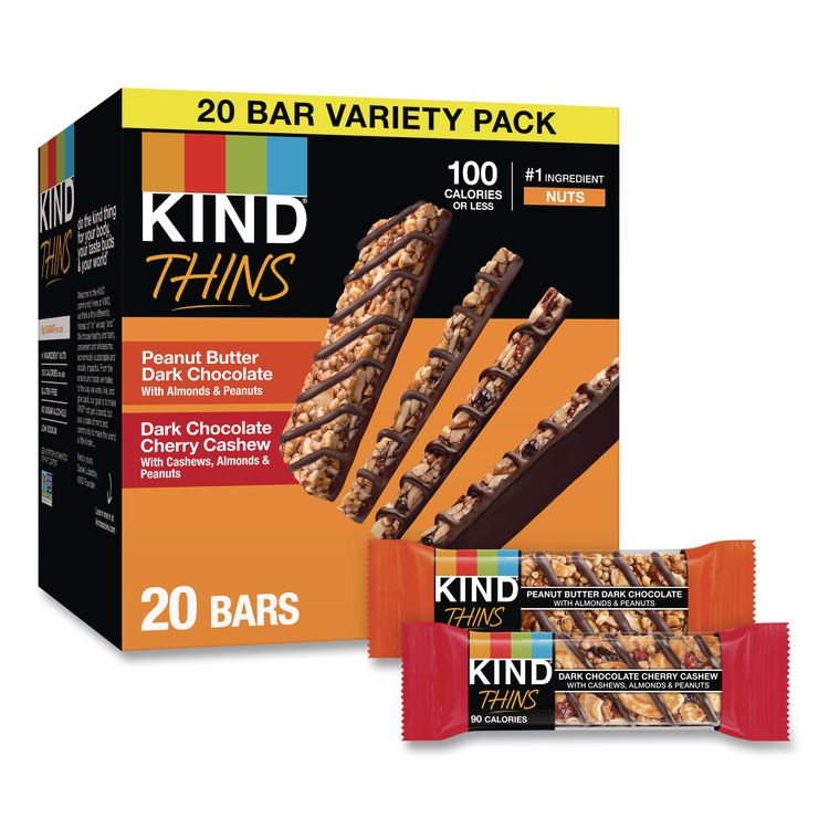 KIND Thins Peanut Butter Dark Chocolate and Dark Chocolate Cherry Cashew Variety Pack, 0.74 oz Bar, 20/Box (KND41891)