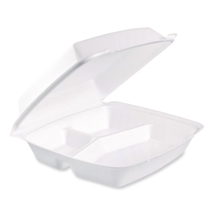 Dart Foam Hinged Lid Containers, 3 Compartments, 9.5 x 10.26 x 3.4, White, 200/Carton (DCC110HT3)
