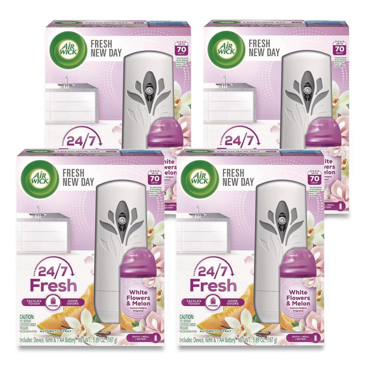 Air Wick Freshmatic Ultra Automatic Sprayer Starter Kit, 5.89 oz, White Flowers and Melon Summer Delights, Asst Dispenser Color, 4/CT (RAC88410)