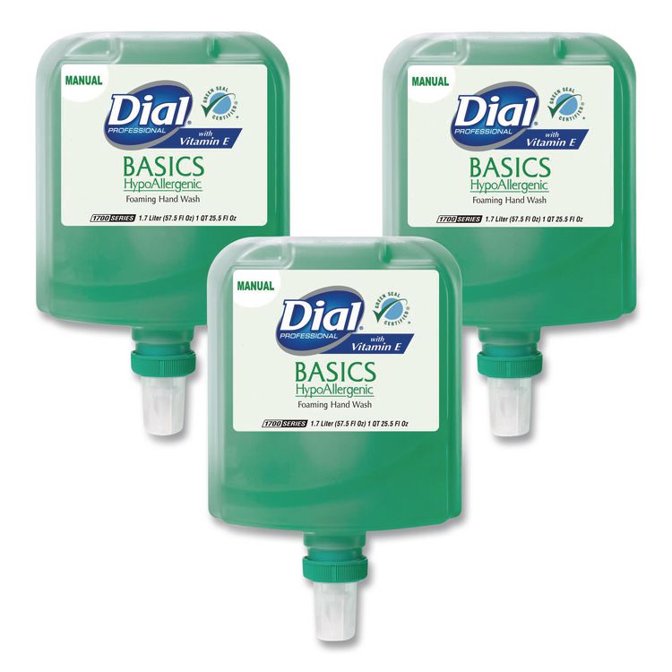 Dial Professional Basics Hypoallergenic Foaming Hand Wash Refill for 1700 Dispenser, with Vitamin E, Honeysuckle Scent, 1.7 L, 3/Carton (DIA32499)