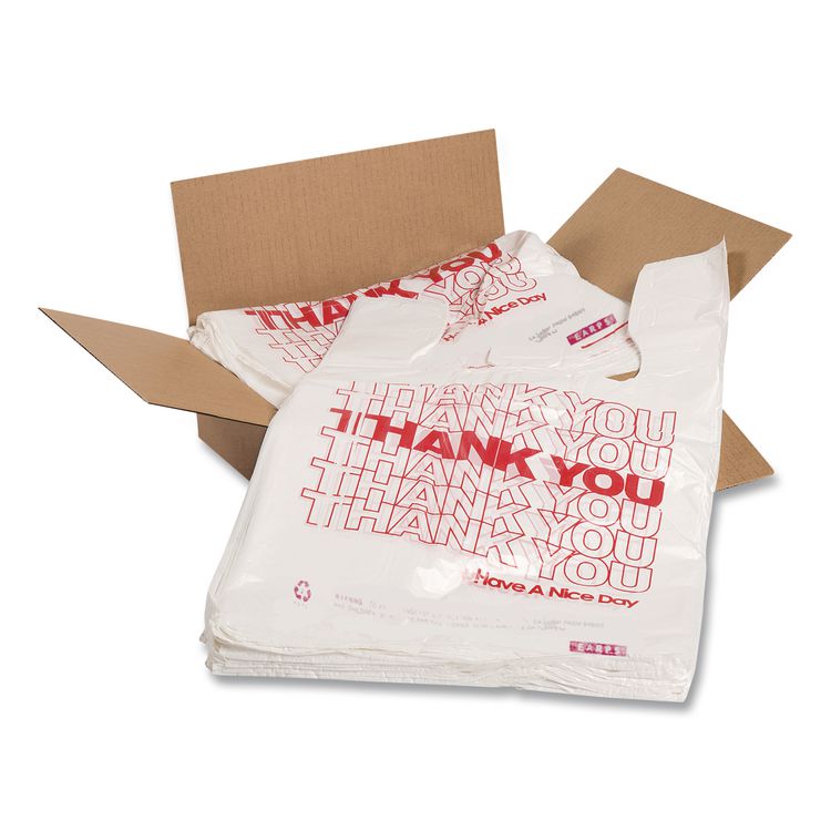Barnes Paper Company Thank You High-Density Shopping Bags, Have a Nice Day Labeling, Cut-Out Handles, 18" x 8" x 30", White/Red, 500/Carton (BPC18830THYOU)