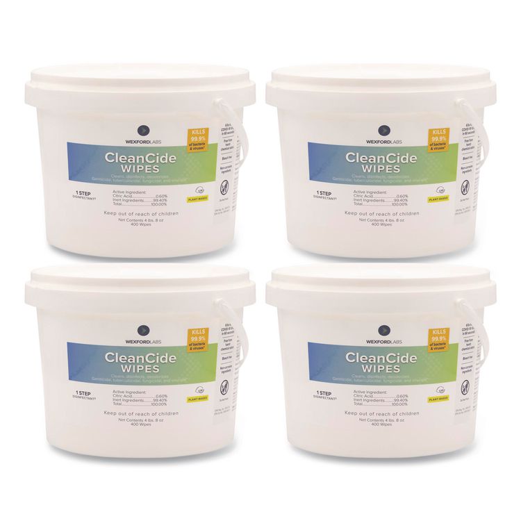 Wexford Labs CleanCide Disinfecting Wipes, 1-Ply, 8 x 5.5, Fresh Scent, White, 400/Tub, 4 Tubs/Carton (WXF3130B400DCT)