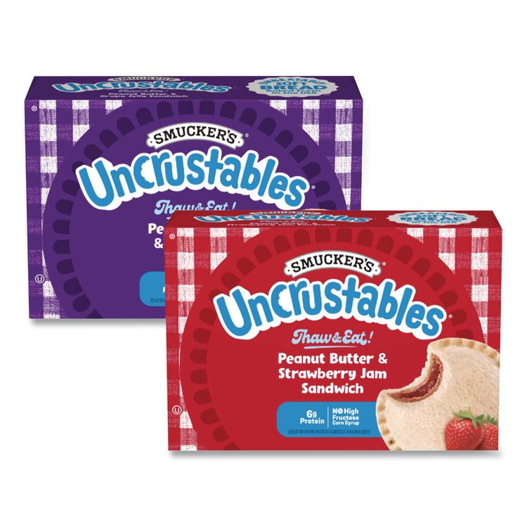 Smucker's UNCRUSTABLES Peanut Butter and Grape Jelly/Peanut Butter and Strawberry Jam, 2 oz, 10 Sandwiches/Pack, 2 Packs/Carton (GRR90300134)