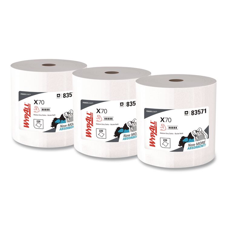 WypAll X70 Wipers in a Bucket Refills, No Bucket, 13 x 10, Unscented, White, 220/Rolls, 3 Rolls/Carton (KCC83571)