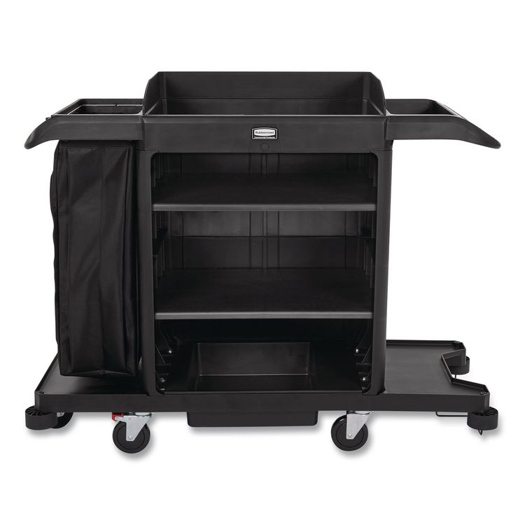 Rubbermaid Commercial Full-Size Housekeeping Cart, Plastic, 3 Shelves, 1 Bin, 24.4 x 62.4 x 49, Black (RCP2202581)