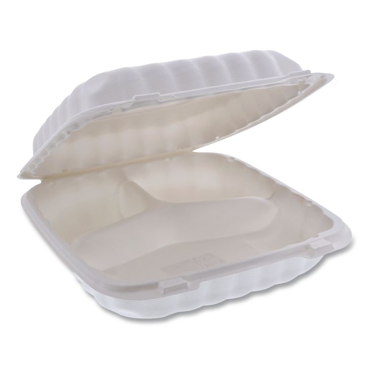 Pactiv Evergreen EarthChoice SmartLock Microwavable MFPP Hinged Lid Container, 3 Compartments, 9 x 9 x 3.1, White, Plastic, 120/Carton (PCTYCN80903)