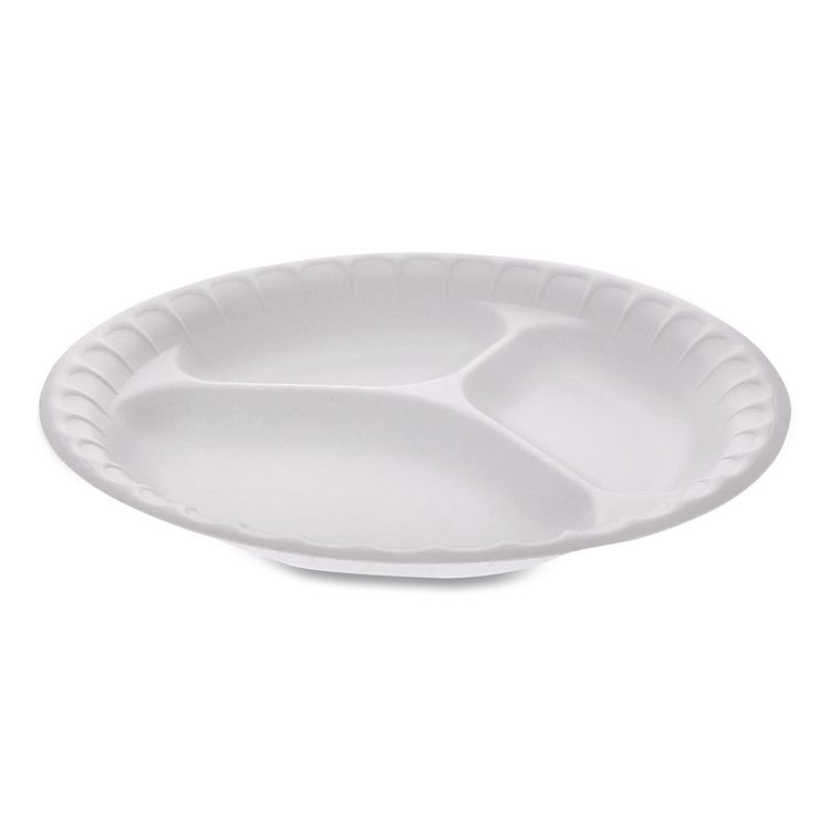 Pactiv Evergreen Placesetter Satin Non-Laminated Foam Dinnerware, 3-Compartment Plate, 9" dia, White, 500/Carton (PCT0TH10011)