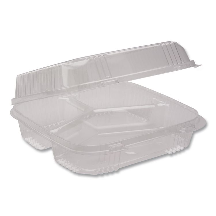Pactiv Evergreen ClearView SmartLock Hinged Lid Container, 3 Compartments, 5 oz/14 oz, 8.2 x 8.34 x 2,91, Clear, Plastic, 200/Carton (PCTYCI81123)