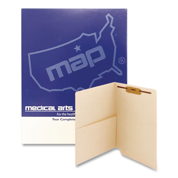 Medical Arts Press Heavy-Duty Slash Pocket End Tab Fastener Folders, 1 Fastener, Letter Size, Manila Exterior, 50/Box (MAQ50651)