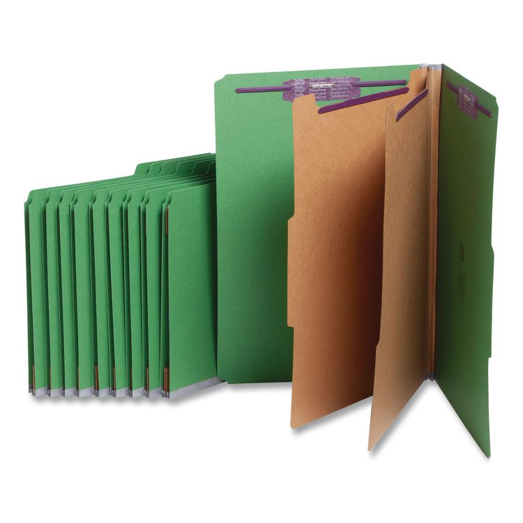 Smead Six-Section Pressboard Top Tab Classification Folders, Six SafeSHIELD Fasteners, 2 Dividers, Legal Size, Green, 10/Box (SMD19033)