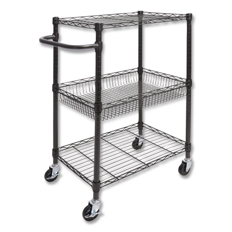 Alera Three-Tier Wire Cart with Basket, Metal, 2 Shelves, 1 Bin, 500 lb Capacity, 28" x 16" x 39", Black Anthracite (ALESW342416BA)